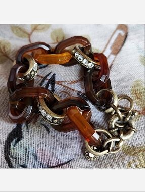 J. Crew Faux Tortoise Link Bracelet Round Oxidized Brass Tone Rhinestone Accents